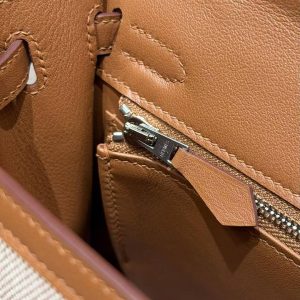 Hermes Kelly Toile H 25 Bag Handmade In Swift Calfskin Leather And Canvas Silver Hardware 37 Gold - Image 8