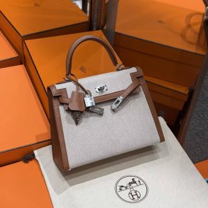 Hermes Kelly Toile H 25 Bag Handmade In Swift Calfskin Leather And Canvas Silver Hardware 37 Gold - Image 3