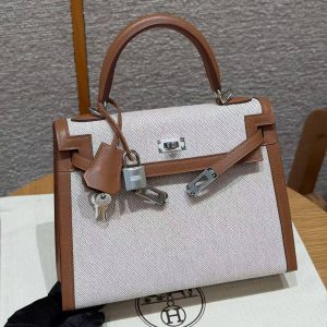 Hermes Kelly Toile H 25 Bag Handmade In Swift Calfskin Leather And Canvas Silver Hardware 37 Gold - Image 2