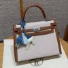 Hermes Kelly Toile H 25 Bag Handmade In Swift Calfskin Leather And Canvas Silver Hardware 37 Gold