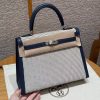 Hermes Kelly Toile H 25 Bag Handmade In Swift Calfskin Leather And Canvas Silver Hardware 73 Blue Saphir