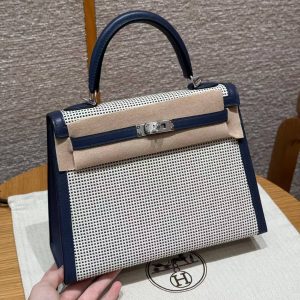 Hermes Kelly Toile H 25 Bag Handmade In Swift Calfskin Leather And Canvas Silver Hardware 73 Blue Saphir
