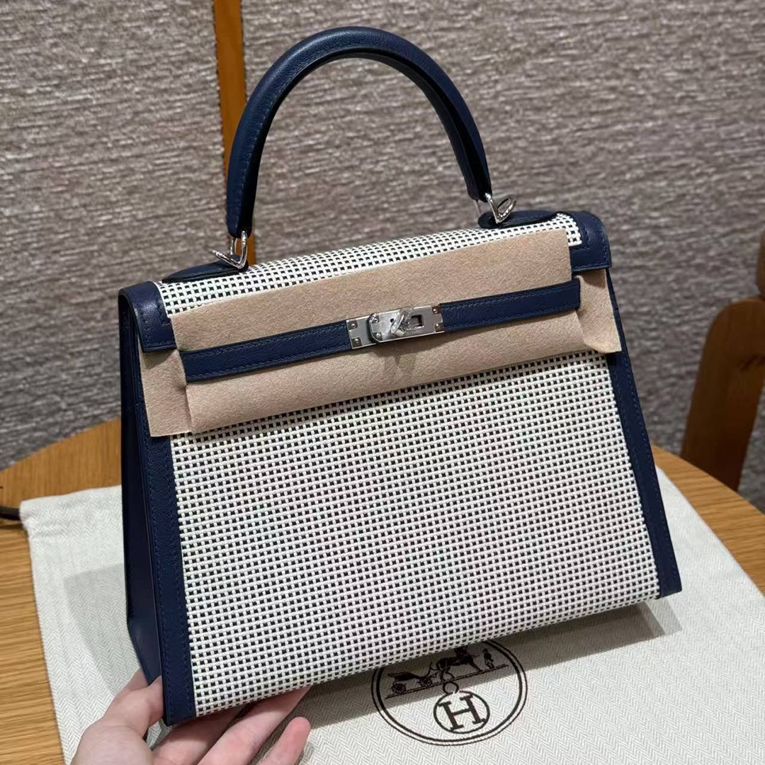 Hermes Kelly Toile H 25 Bag Handmade In Swift Calfskin Leather And Canvas Silver Hardware 73 Blue Saphir