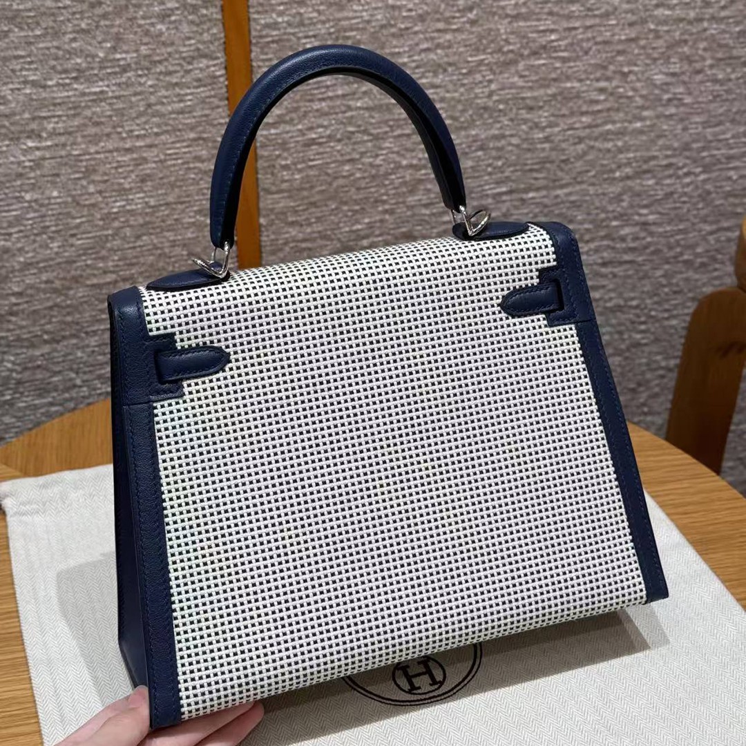 Hermes Kelly Toile H 25 Bag Handmade In Swift Calfskin Leather And Canvas Silver Hardware 73 Blue Saphir - Image 2