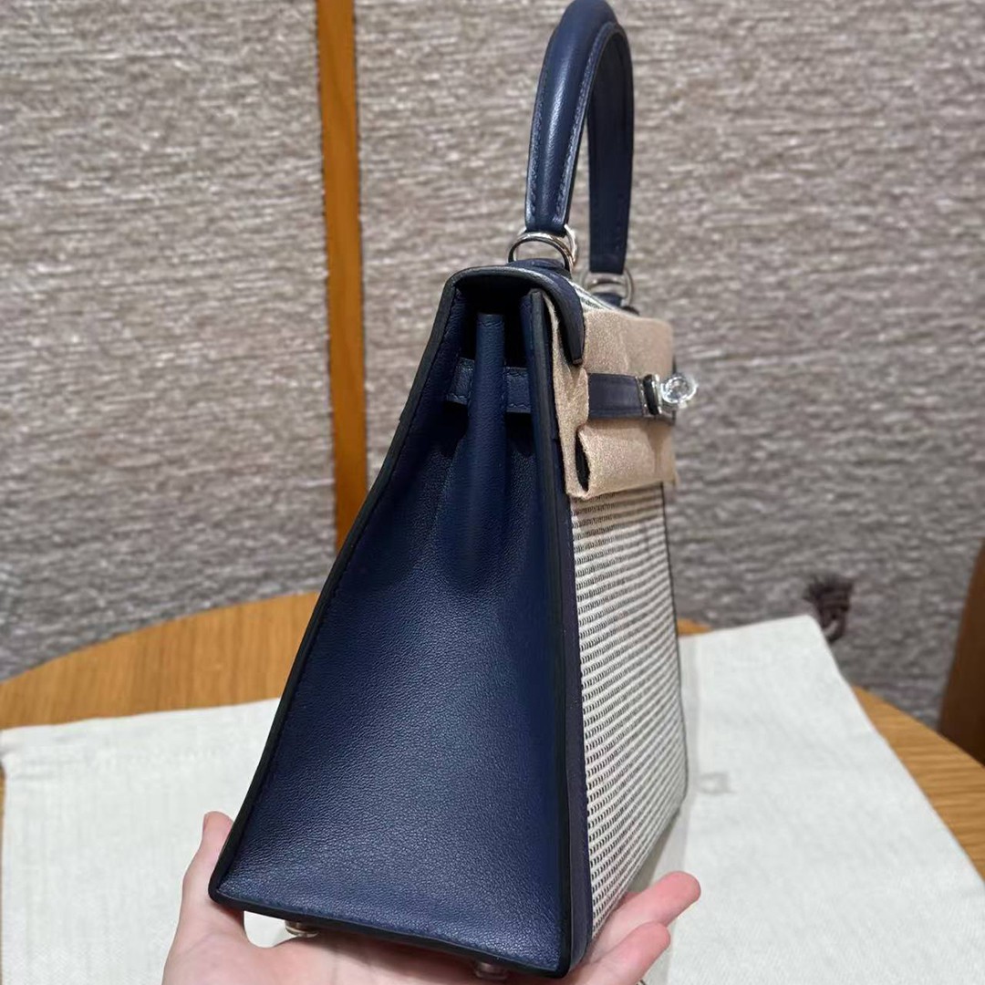 Hermes Kelly Toile H 25 Bag Handmade In Swift Calfskin Leather And Canvas Silver Hardware 73 Blue Saphir - Image 20