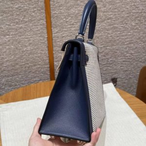 Hermes Kelly Toile H 25 Bag Handmade In Swift Calfskin Leather And Canvas Silver Hardware 73 Blue Saphir - Image 19