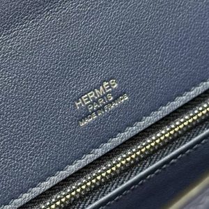 Hermes Kelly Toile H 25 Bag Handmade In Swift Calfskin Leather And Canvas Silver Hardware 73 Blue Saphir - Image 17
