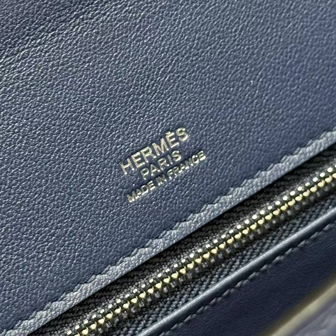 Hermes Kelly Toile H 25 Bag Handmade In Swift Calfskin Leather And Canvas Silver Hardware 73 Blue Saphir - Image 17
