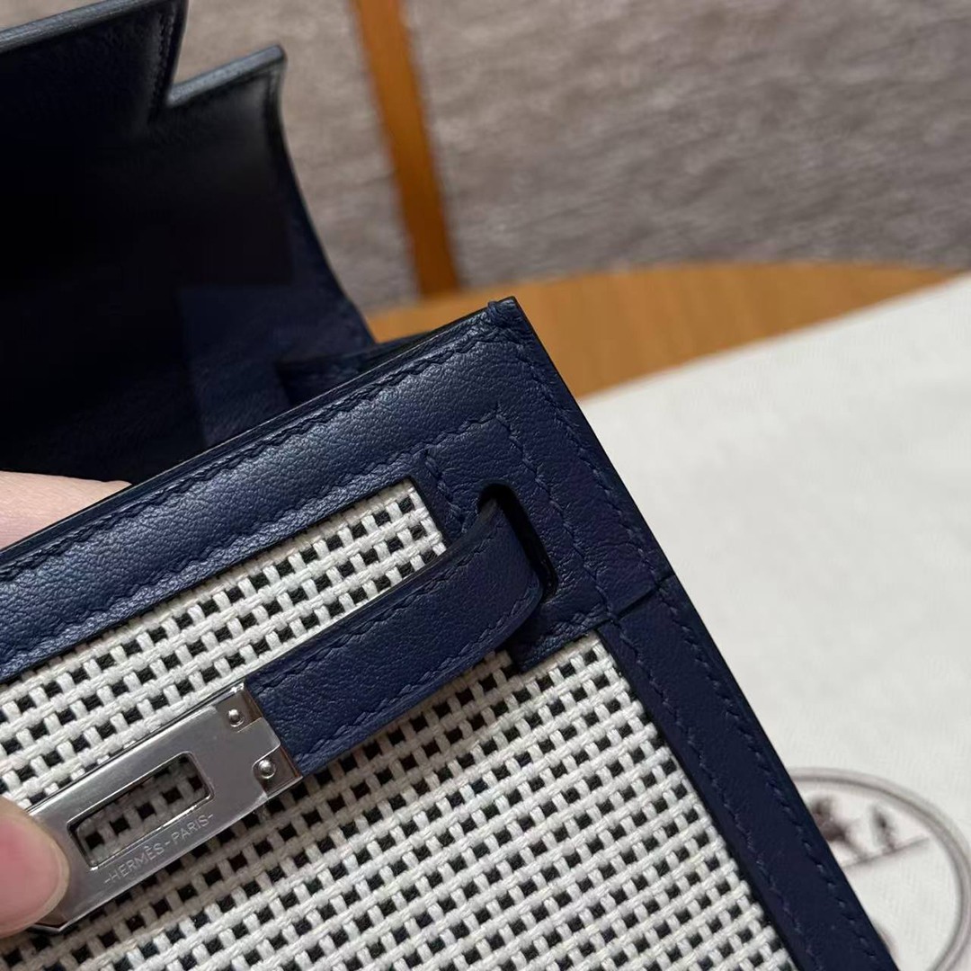 Hermes Kelly Toile H 25 Bag Handmade In Swift Calfskin Leather And Canvas Silver Hardware 73 Blue Saphir - Image 15
