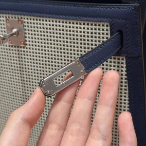 Hermes Kelly Toile H 25 Bag Handmade In Swift Calfskin Leather And Canvas Silver Hardware 73 Blue Saphir - Image 14
