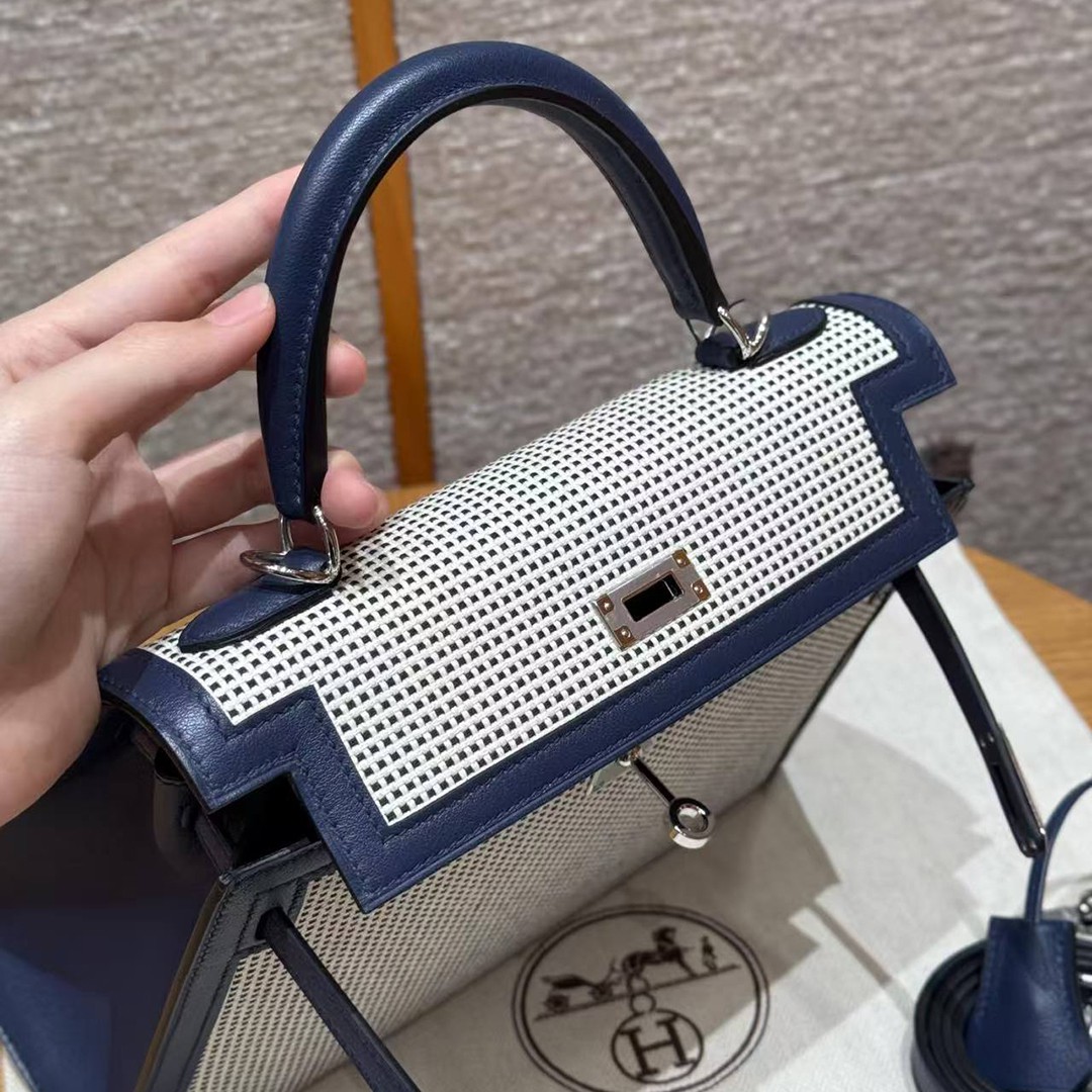 Hermes Kelly Toile H 25 Bag Handmade In Swift Calfskin Leather And Canvas Silver Hardware 73 Blue Saphir - Image 13
