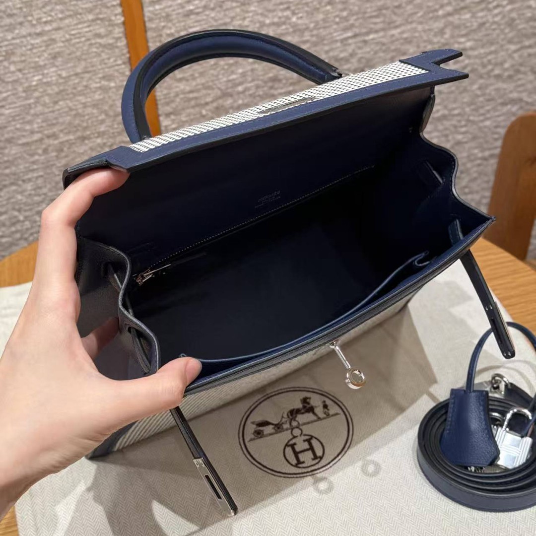 Hermes Kelly Toile H 25 Bag Handmade In Swift Calfskin Leather And Canvas Silver Hardware 73 Blue Saphir - Image 12