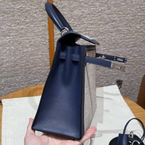 Hermes Kelly Toile H 25 Bag Handmade In Swift Calfskin Leather And Canvas Silver Hardware 73 Blue Saphir - Image 11