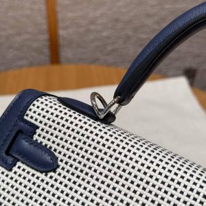 Hermes Kelly Toile H 25 Bag Handmade In Swift Calfskin Leather And Canvas Silver Hardware 73 Blue Saphir - Image 10