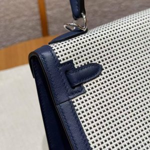 Hermes Kelly Toile H 25 Bag Handmade In Swift Calfskin Leather And Canvas Silver Hardware 73 Blue Saphir - Image 9