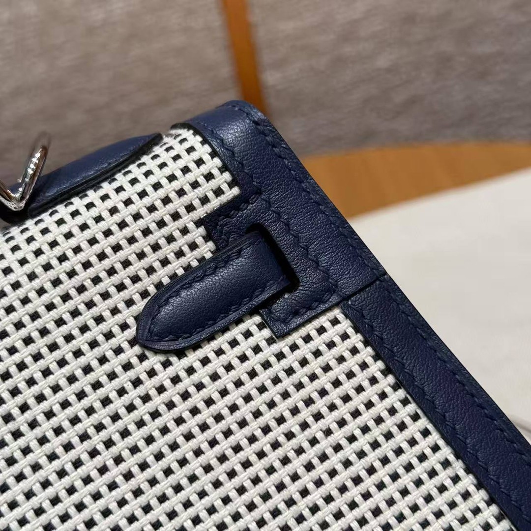 Hermes Kelly Toile H 25 Bag Handmade In Swift Calfskin Leather And Canvas Silver Hardware 73 Blue Saphir - Image 8