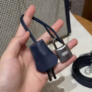 Hermes Kelly Toile H 25 Bag Handmade In Swift Calfskin Leather And Canvas Silver Hardware 73 Blue Saphir - Image 6