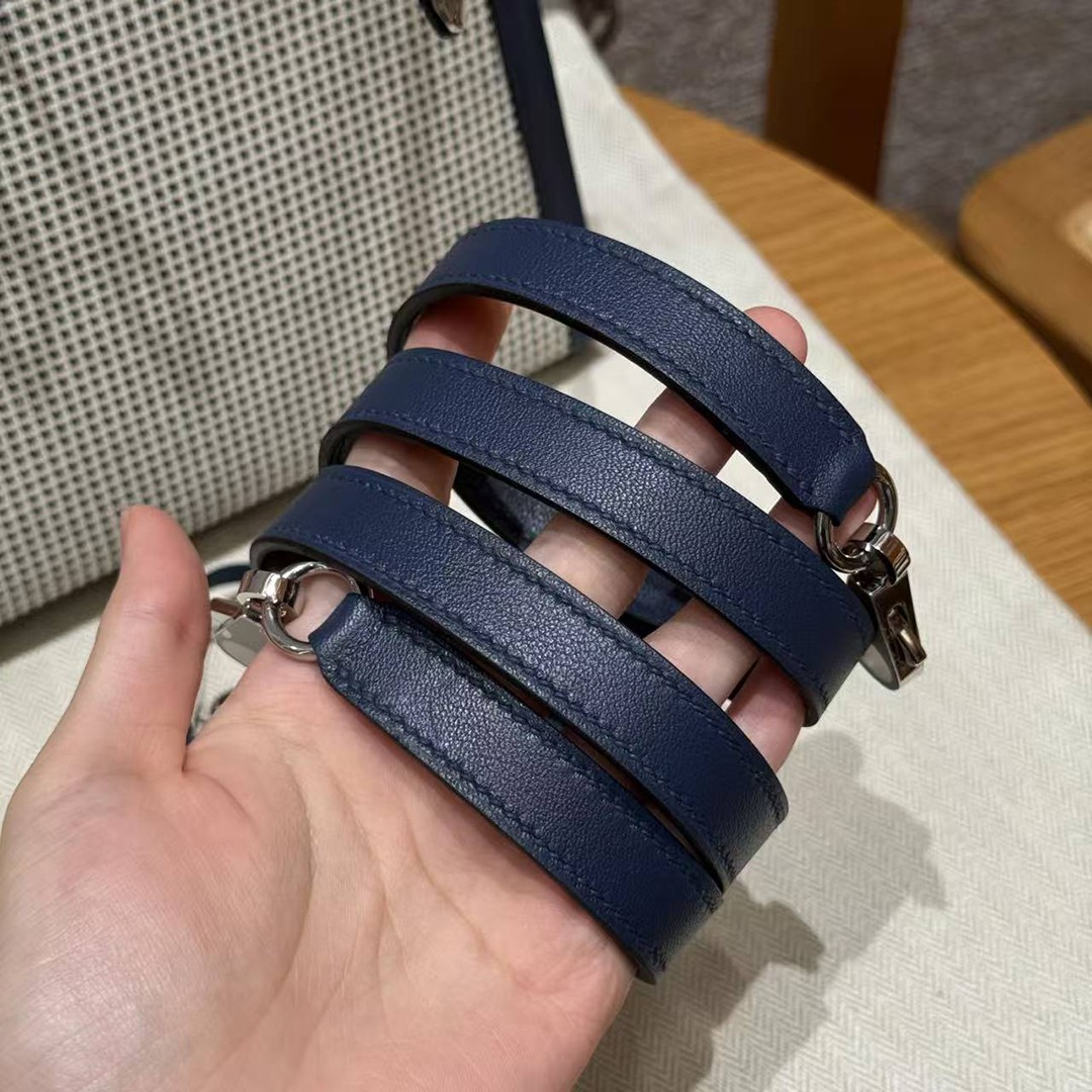 Hermes Kelly Toile H 25 Bag Handmade In Swift Calfskin Leather And Canvas Silver Hardware 73 Blue Saphir - Image 5