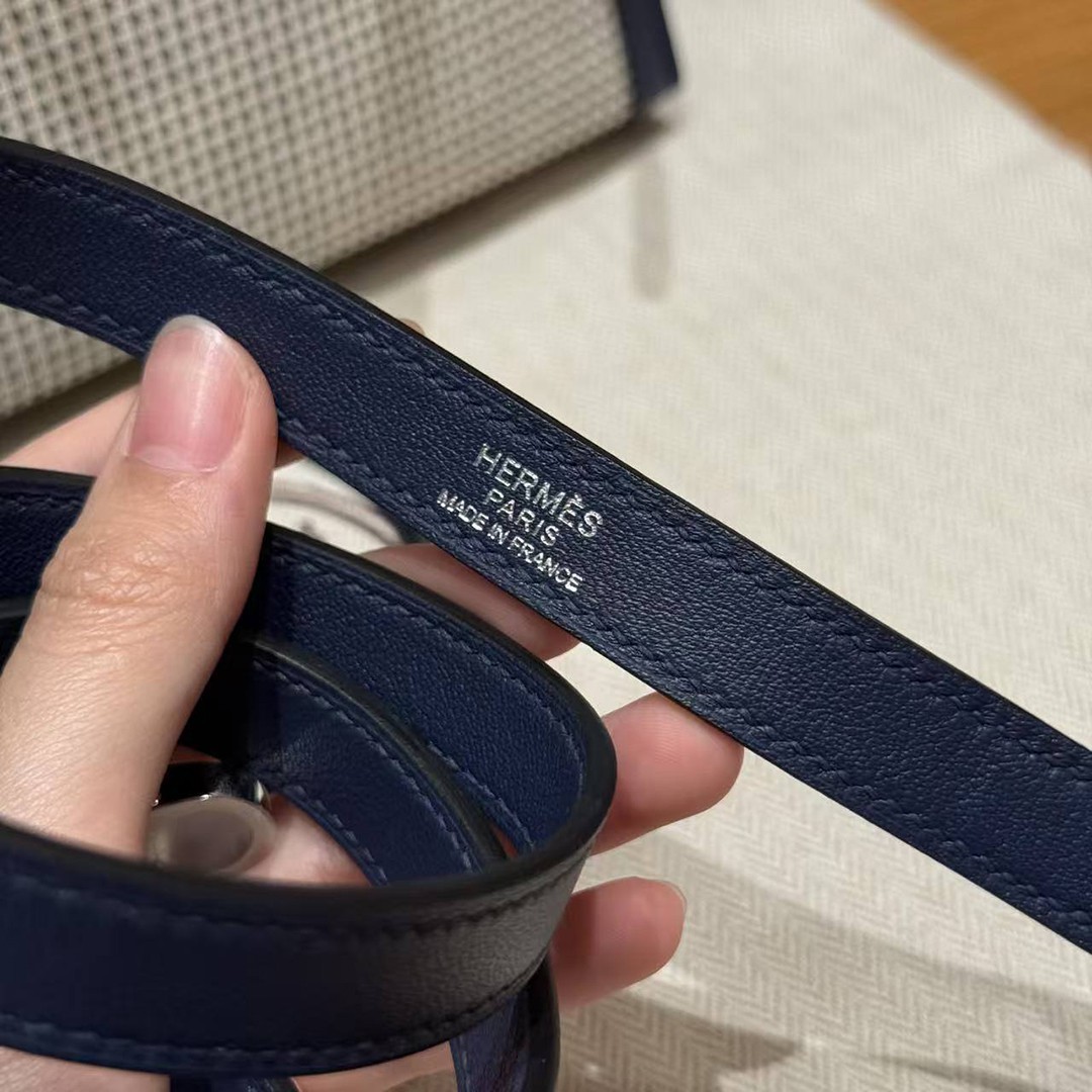 Hermes Kelly Toile H 25 Bag Handmade In Swift Calfskin Leather And Canvas Silver Hardware 73 Blue Saphir - Image 4