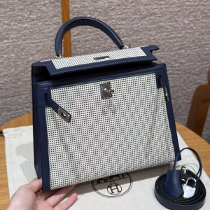 Hermes Kelly Toile H 25 Bag Handmade In Swift Calfskin Leather And Canvas Silver Hardware 73 Blue Saphir - Image 3