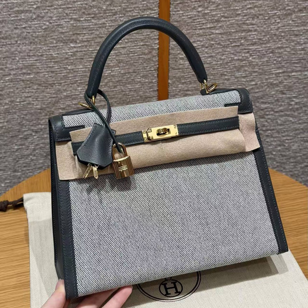 Hermes Kelly Toile H 25 Bag Handmade In Swift Calfskin Leather And Canvas Gold Hardware 85 Ardoise