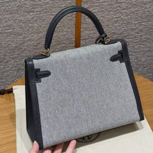 Hermes Kelly Toile H 25 Bag Handmade In Swift Calfskin Leather And Canvas Gold Hardware 85 Ardoise - Image 2