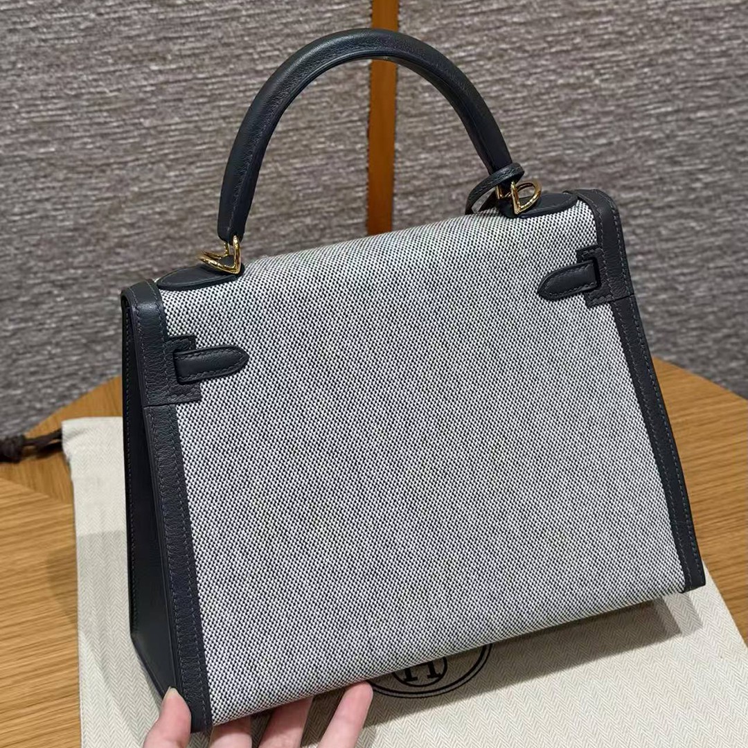 Hermes Kelly Toile H 25 Bag Handmade In Swift Calfskin Leather And Canvas Gold Hardware 85 Ardoise - Image 2