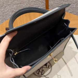 Hermes Kelly Toile H 25 Bag Handmade In Swift Calfskin Leather And Canvas Gold Hardware 85 Ardoise - Image 15