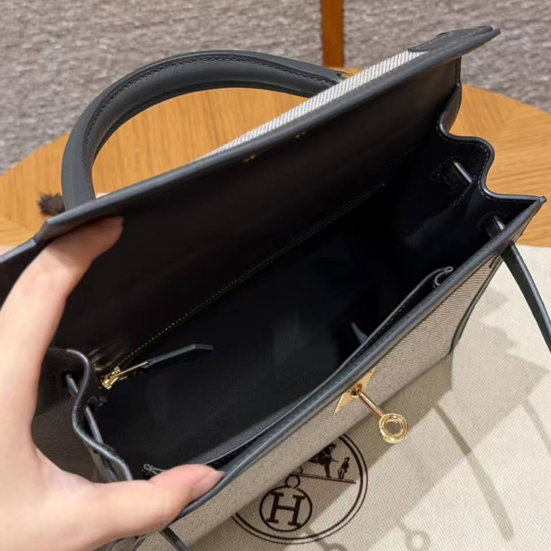 Hermes Kelly Toile H 25 Bag Handmade In Swift Calfskin Leather And Canvas Gold Hardware 85 Ardoise - Image 15