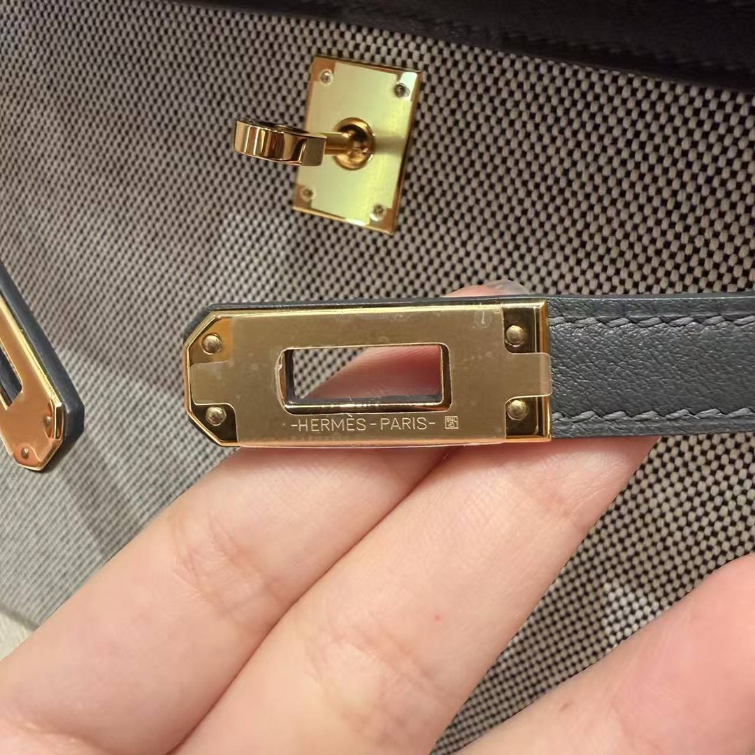 Hermes Kelly Toile H 25 Bag Handmade In Swift Calfskin Leather And Canvas Gold Hardware 85 Ardoise - Image 13