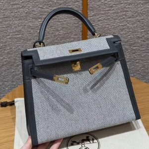 Hermes Kelly Toile H 25 Bag Handmade In Swift Calfskin Leather And Canvas Gold Hardware 85 Ardoise - Image 11