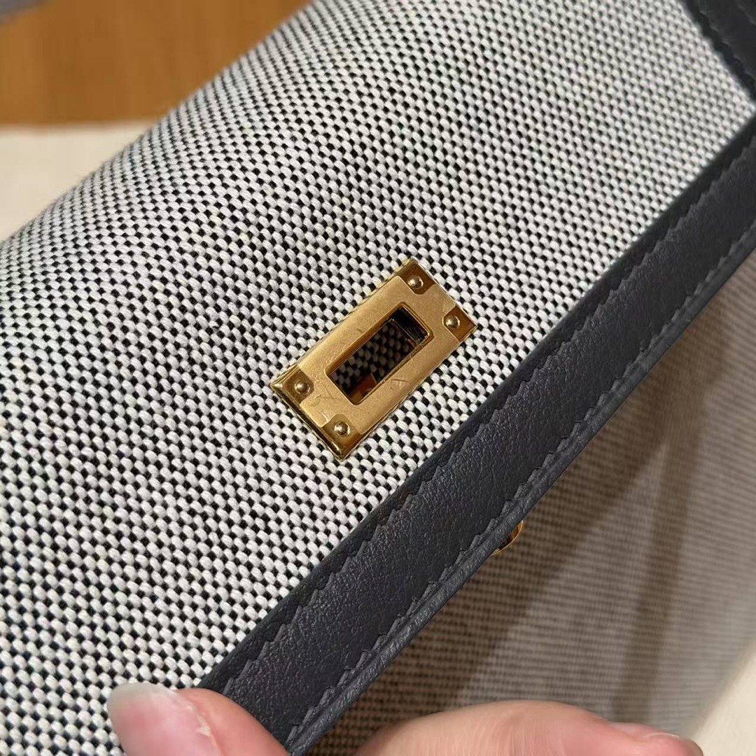 Hermes Kelly Toile H 25 Bag Handmade In Swift Calfskin Leather And Canvas Gold Hardware 85 Ardoise - Image 10