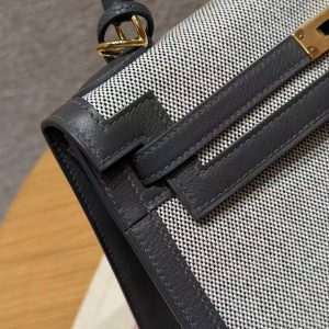 Hermes Kelly Toile H 25 Bag Handmade In Swift Calfskin Leather And Canvas Gold Hardware 85 Ardoise - Image 9