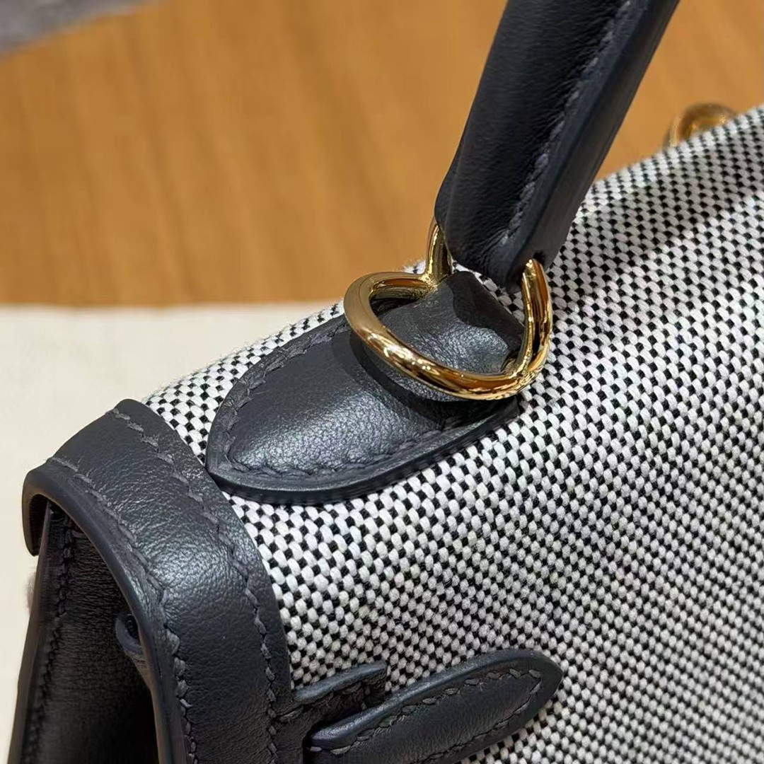 Hermes Kelly Toile H 25 Bag Handmade In Swift Calfskin Leather And Canvas Gold Hardware 85 Ardoise - Image 8