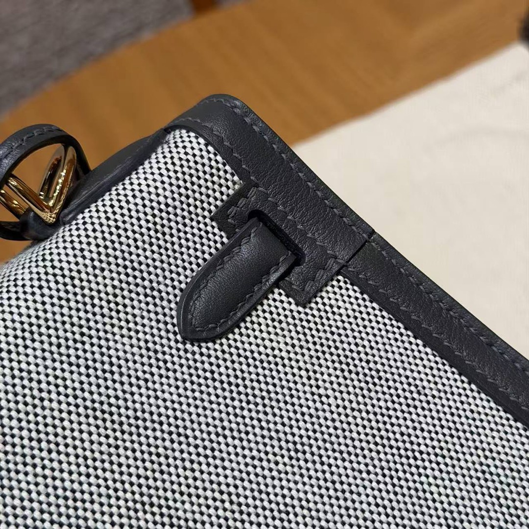 Hermes Kelly Toile H 25 Bag Handmade In Swift Calfskin Leather And Canvas Gold Hardware 85 Ardoise - Image 7