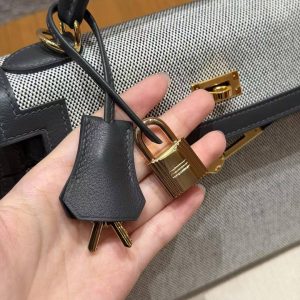 Hermes Kelly Toile H 25 Bag Handmade In Swift Calfskin Leather And Canvas Gold Hardware 85 Ardoise - Image 6