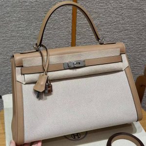 Hermes Kelly Toile H 35 Bag Handmade In Swift Calfskin Leather And Canvas Silver Hardware 0M Chai