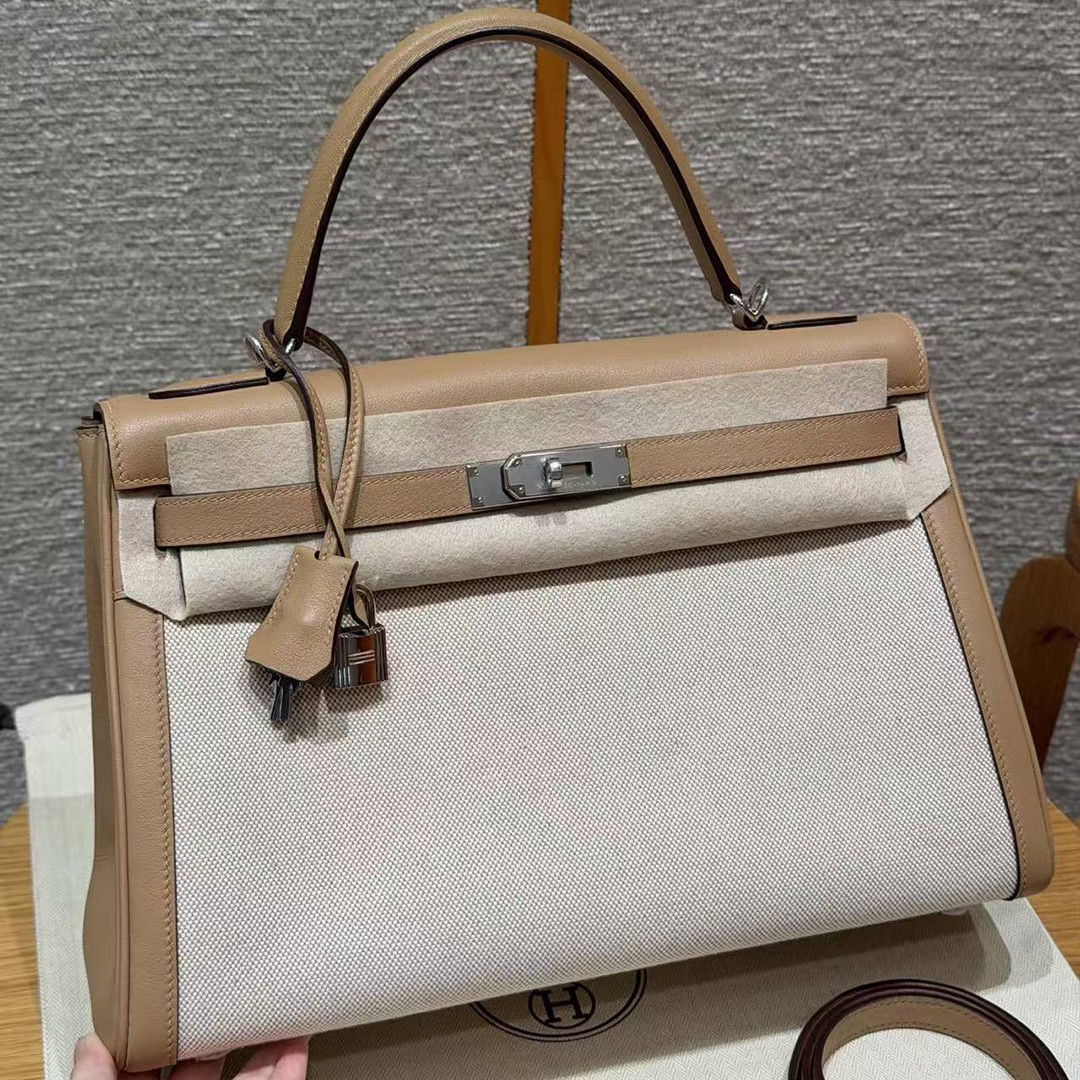 Hermes Kelly Toile H 35 Bag Handmade In Swift Calfskin Leather And Canvas Silver Hardware 0M Chai