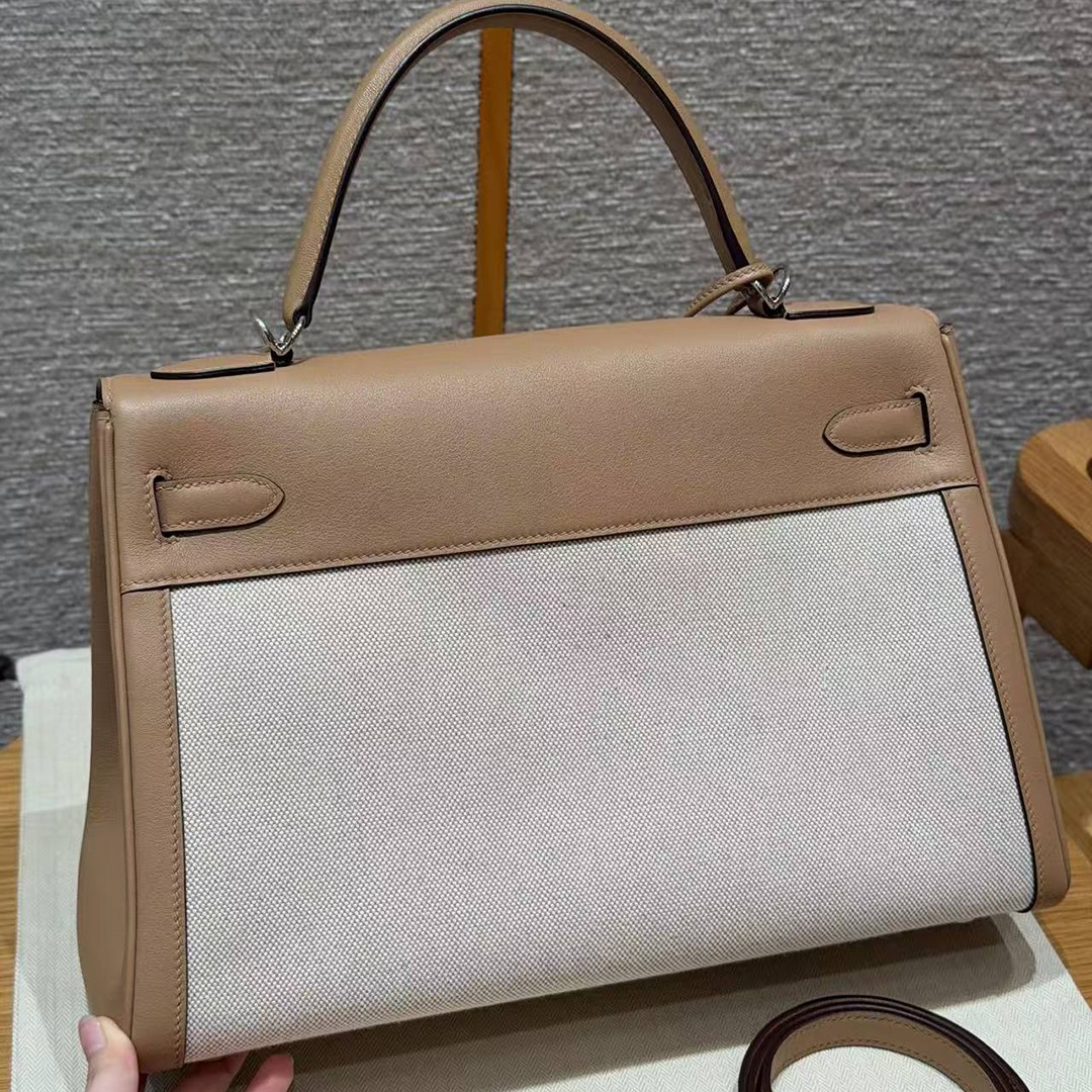 Hermes Kelly Toile H 35 Bag Handmade In Swift Calfskin Leather And Canvas Silver Hardware 0M Chai - Image 2
