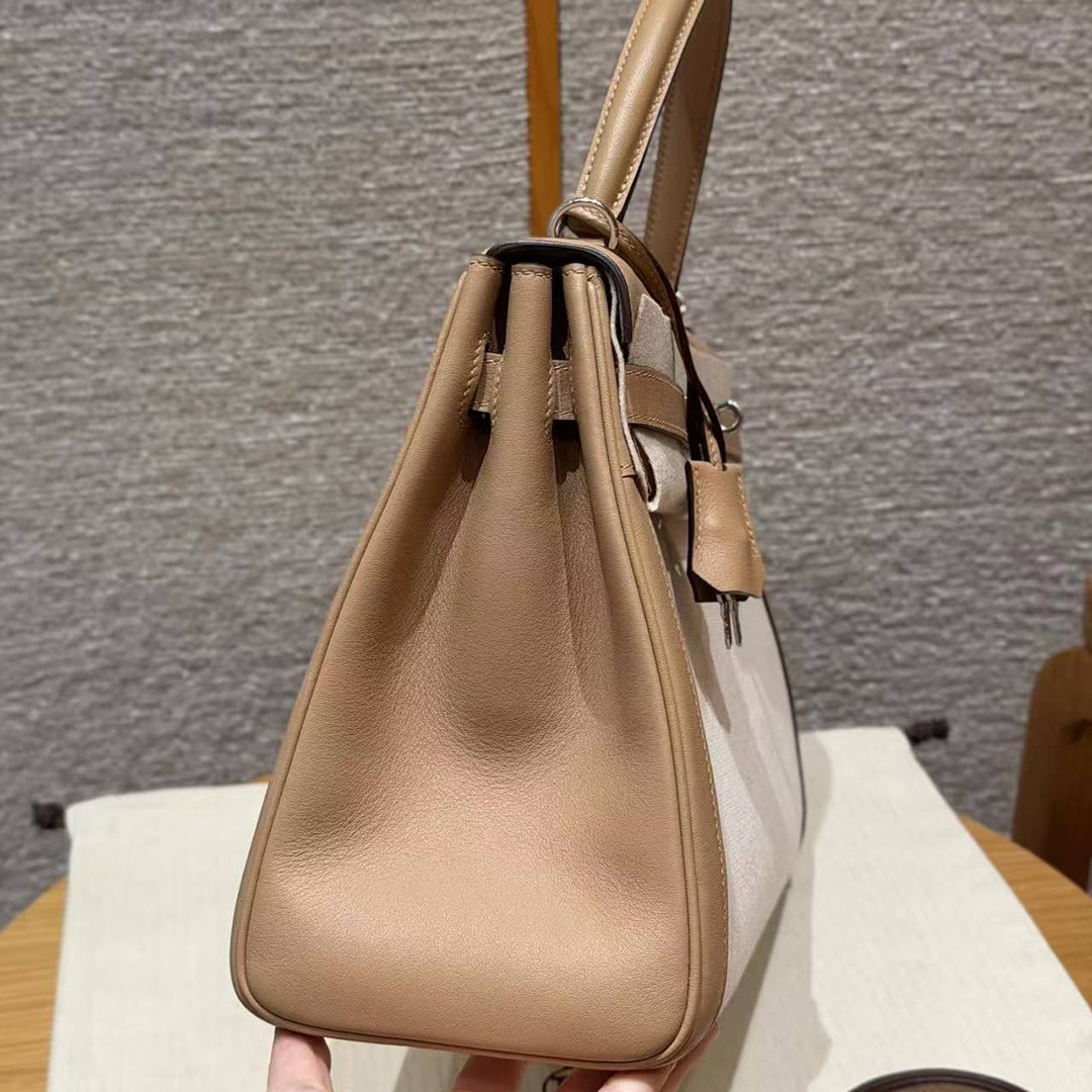 Hermes Kelly Toile H 35 Bag Handmade In Swift Calfskin Leather And Canvas Silver Hardware 0M Chai - Image 18