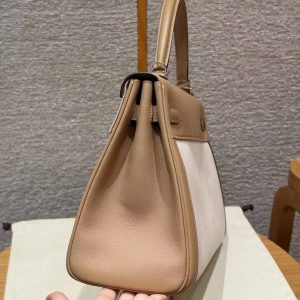 Hermes Kelly Toile H 35 Bag Handmade In Swift Calfskin Leather And Canvas Silver Hardware 0M Chai - Image 17