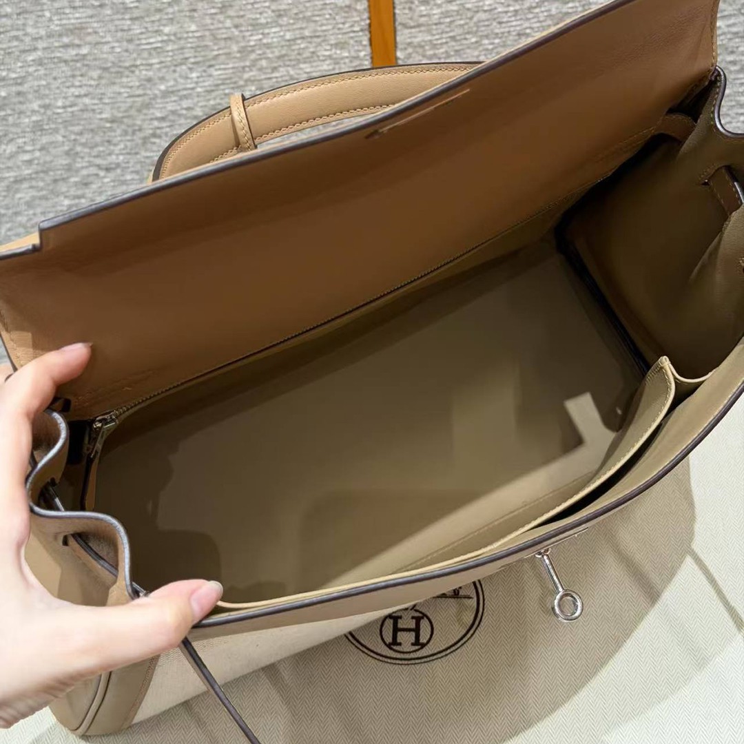 Hermes Kelly Toile H 35 Bag Handmade In Swift Calfskin Leather And Canvas Silver Hardware 0M Chai - Image 15