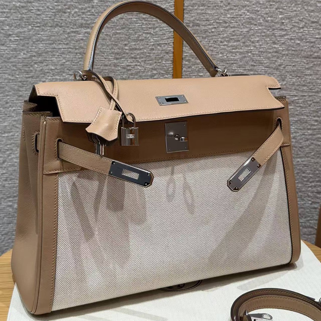 Hermes Kelly Toile H 35 Bag Handmade In Swift Calfskin Leather And Canvas Silver Hardware 0M Chai - Image 11