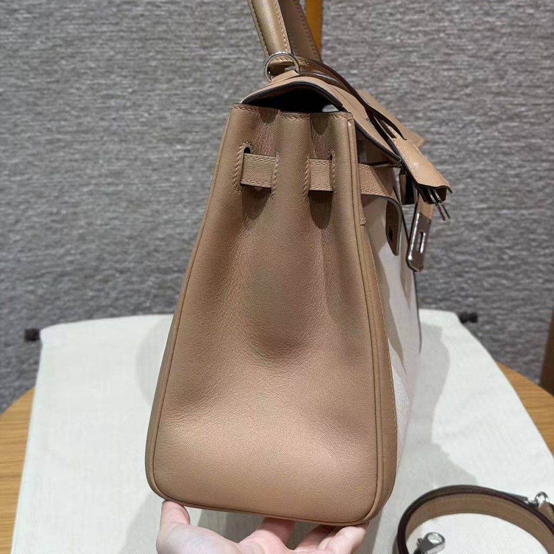 Hermes Kelly Toile H 35 Bag Handmade In Swift Calfskin Leather And Canvas Silver Hardware 0M Chai - Image 10
