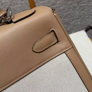 Hermes Kelly Toile H 35 Bag Handmade In Swift Calfskin Leather And Canvas Silver Hardware 0M Chai - Image 8
