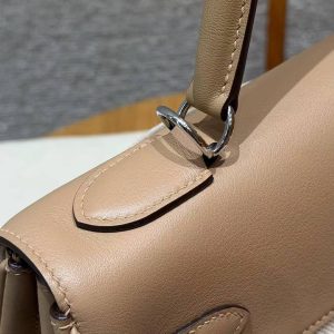 Hermes Kelly Toile H 35 Bag Handmade In Swift Calfskin Leather And Canvas Silver Hardware 0M Chai - Image 7