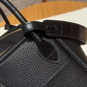 Hermes Lindy 26 CM Bag Handmade In Taurillon Clemence Leather And Matte Alligator Crocodile Gold Hardware 89 Noir - Image 3