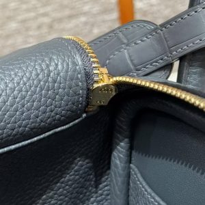 Hermes Lindy 30 CM Bag Handmade In Taurillon Clemence Leather And Matte Alligator Crocodile Gold Hardware 88 Graphite - Image 11