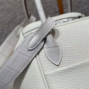 Hermes Lindy 26 CM Bag Handmade In Taurillon Clemence Leather and Matte Alligator Crocodile Silver Hardware 8L Beton - Image 11