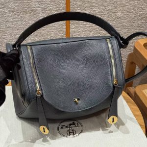 Hermes Lindy 30 CM Bag Handmade In Taurillon Clemence Leather And Matte Alligator Crocodile Gold Hardware 88 Graphite - Image 17